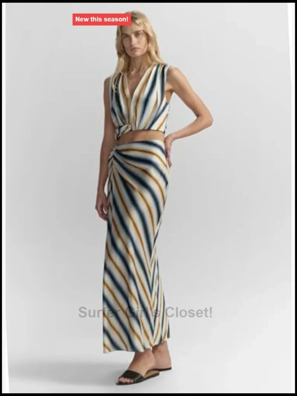 Cropped Sleeveless V-Neck Twisted Front Stripe Viscose Satin Tank Top